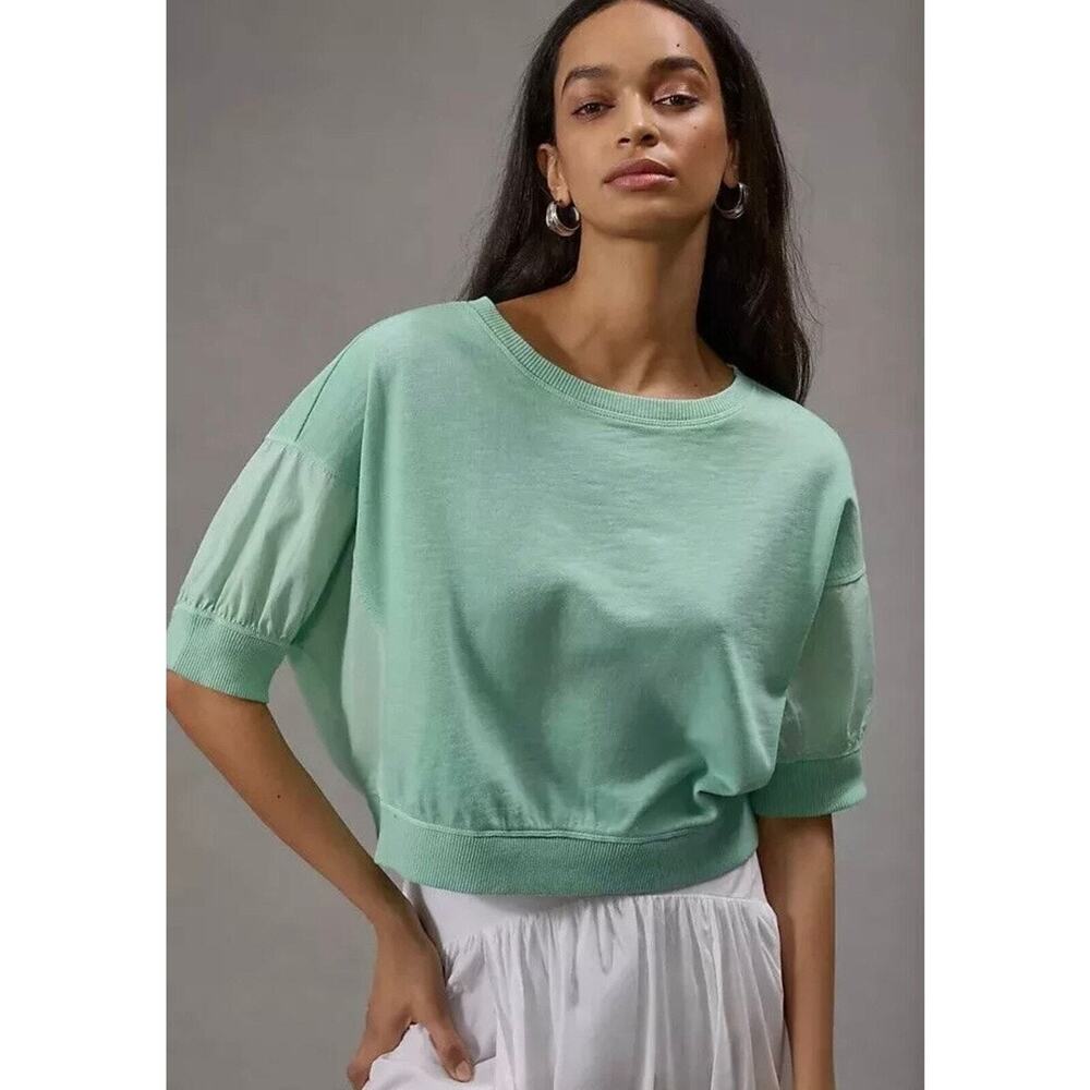 Anthropologie Pilcro Cropped Sweatshirt Top Oversized Mint Green‎ XXS Batwing